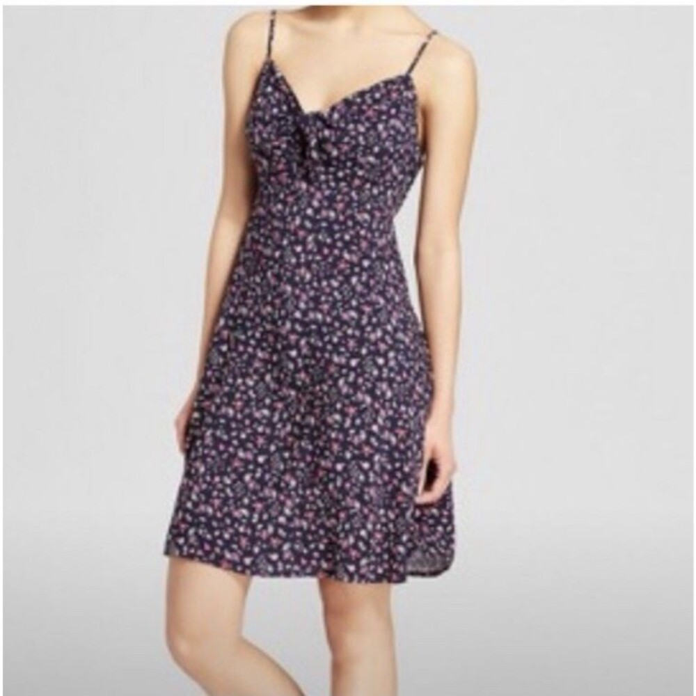 Mossimo Navy Blue Floral Mini Dress Knot Front Tie Size Small Smocked Back
